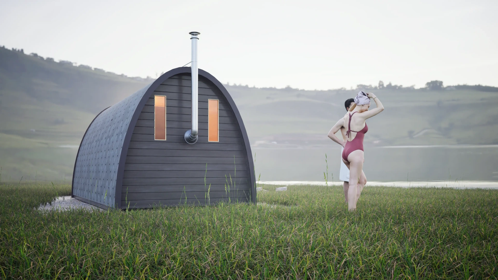 3D architectural rendering of a modern arched wooden sauna on a grassy hill overlooking a lake.