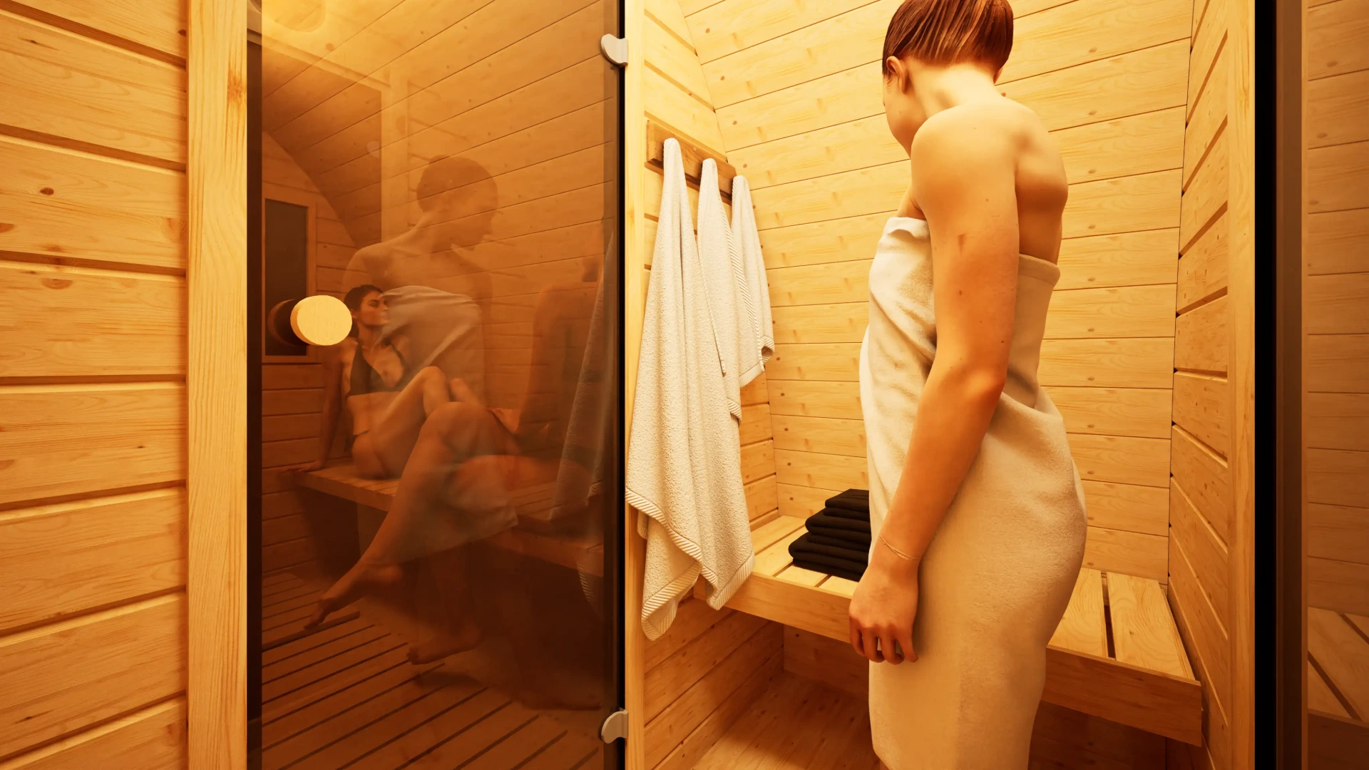 3D interior rendering of a modern wooden sauna with warm golden lighting, showing a changing area with towels and a glass door looking inside.