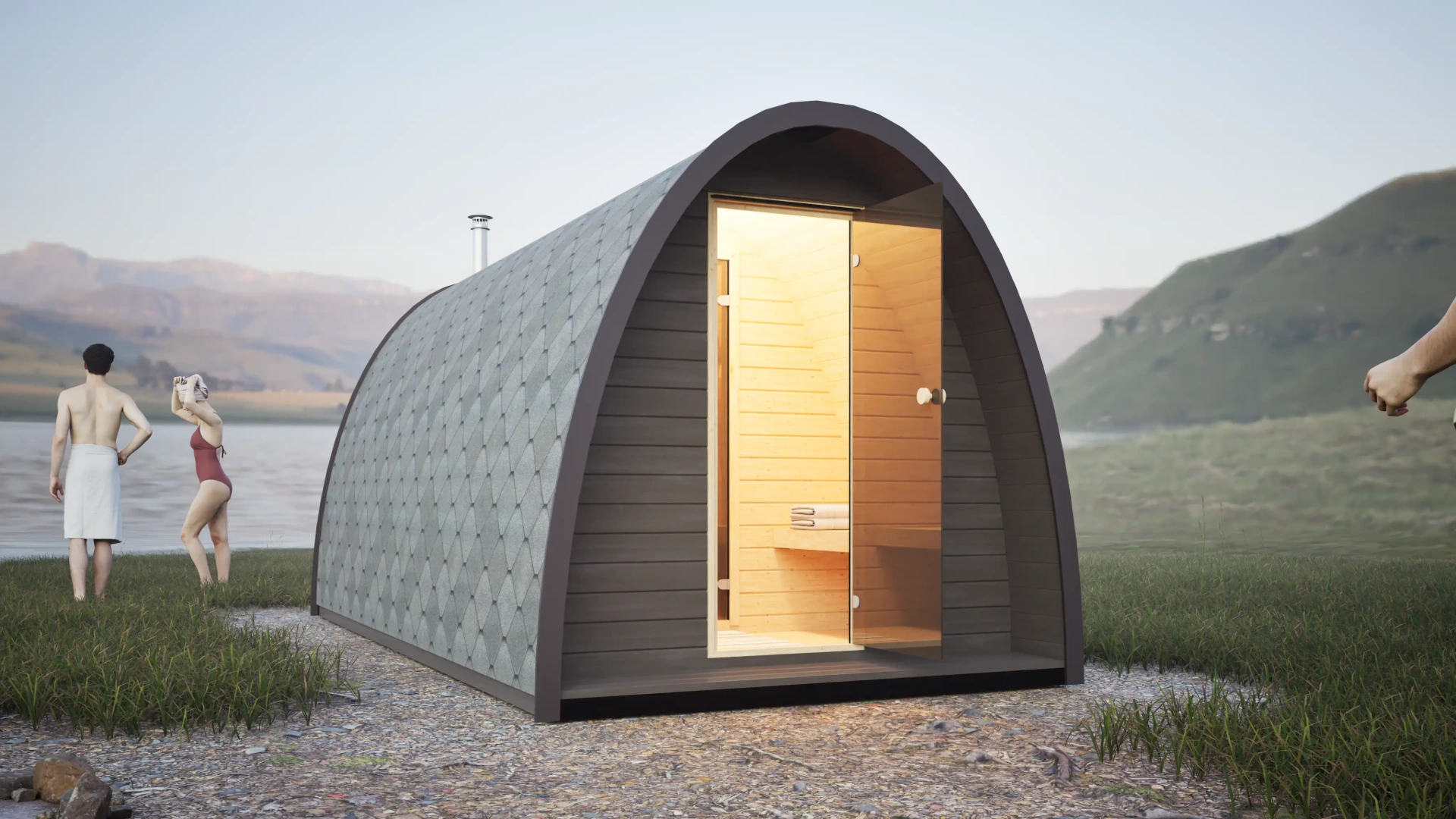 3D architectural rendering of a modern arched wooden sauna on a grassy hill overlooking a lake.