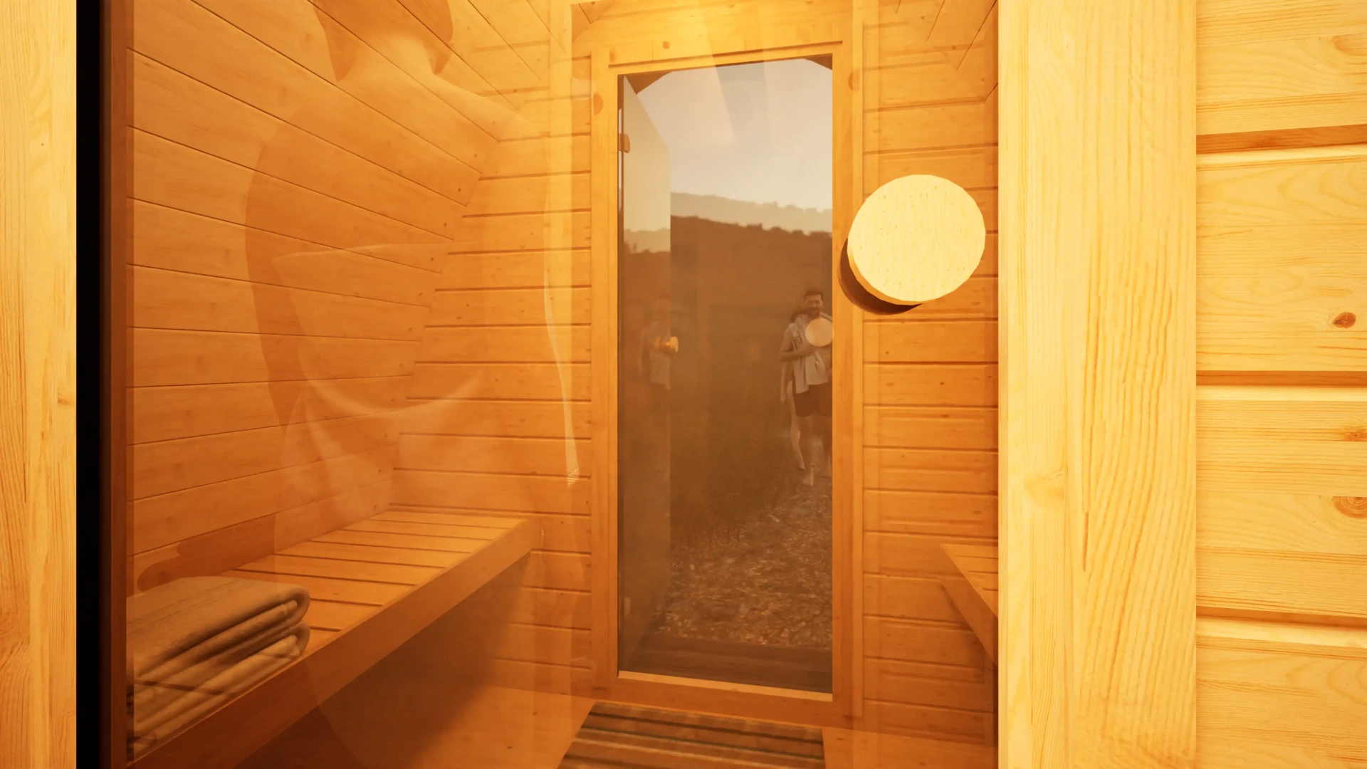 3D interior rendering of a modern wooden sauna with warm golden lighting, showing a changing area with towels and a glass door looking inside.