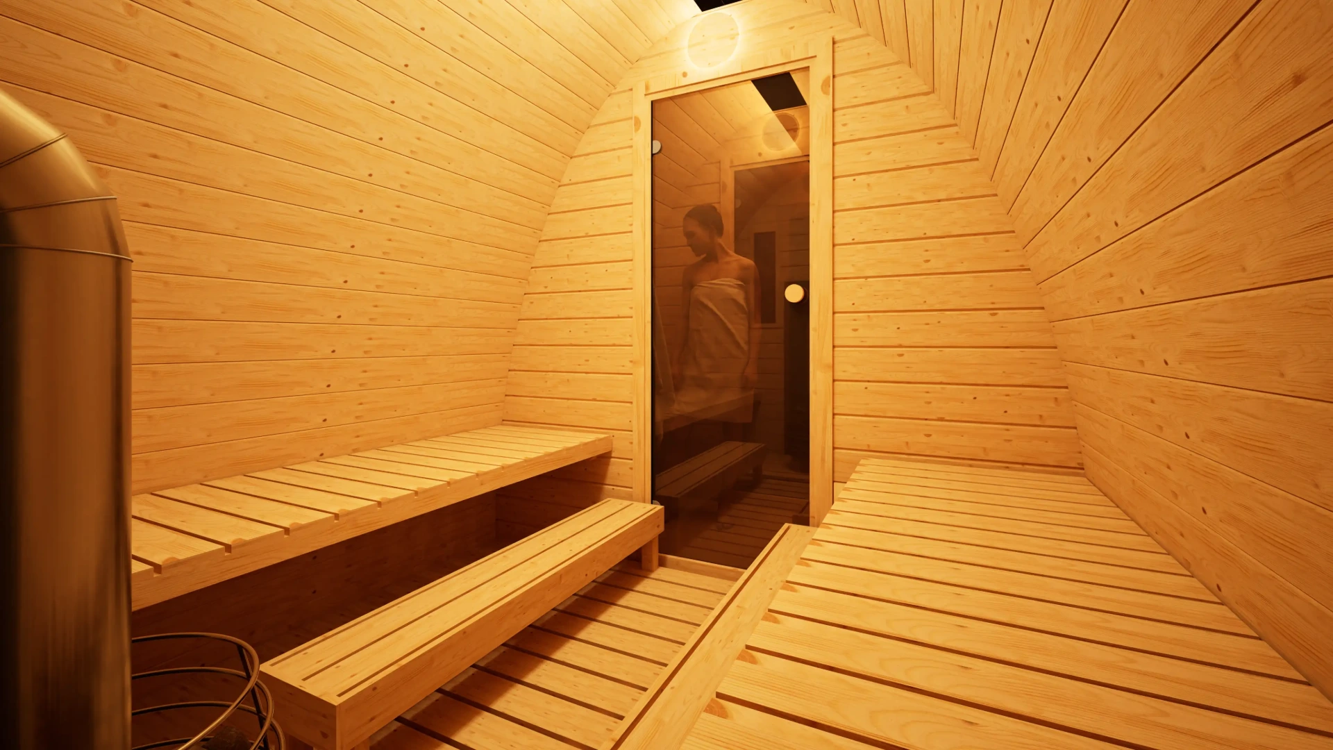3D interior rendering of a modern wooden sauna with warm golden lighting, showing a changing area with towels and a glass door looking inside.